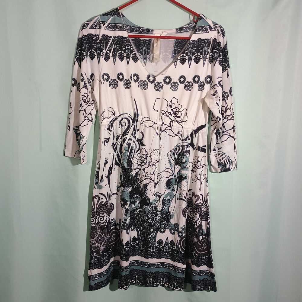 White Black Floral Print Dress 3/4 Sleeve Empire Waist Tunic Dress